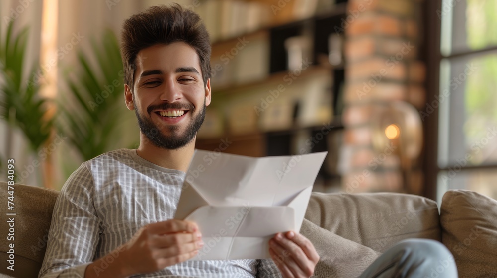 Joyful hispanic received letter mail notification man sitting at home in living room on sofa holding envelope smiling reading.